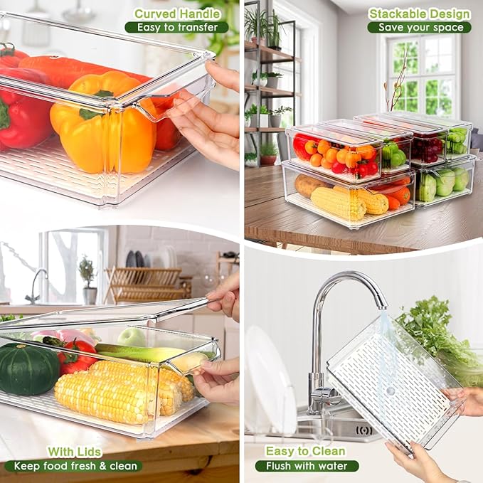 ZIJUND 6 Pack Fridge Organizer, Stackable Refrigerator Organizer Bins with Lids, BPA-Free Fridge Organizers and Storage Containers for Fruit, Vegetable, Food, Drinks, Cereals, Clear