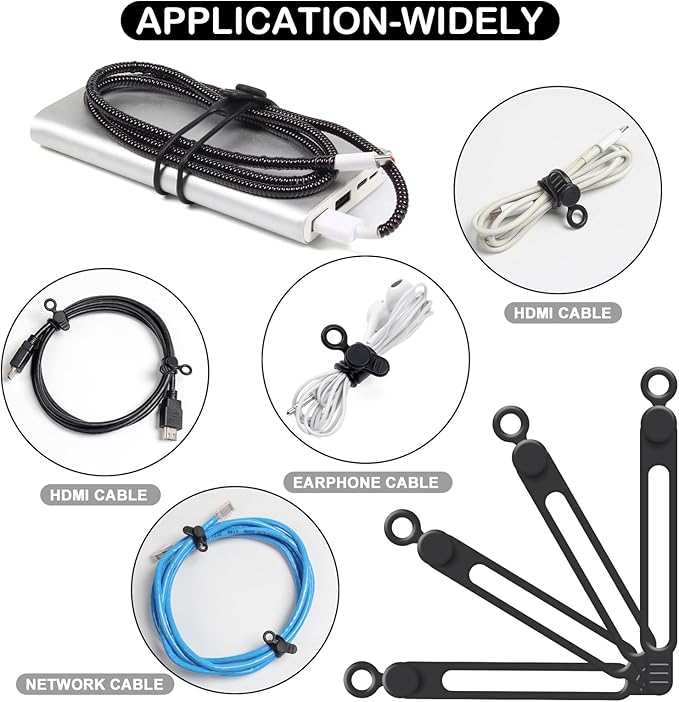 48Pcs Cord Organizer Kit, Reusable Elastic Silicone Cable Ties, Strong Adhesive Cable Clips for Cable Management, Multipurpose Wire Management for Bundling and Fastening Various Wires (Black）
