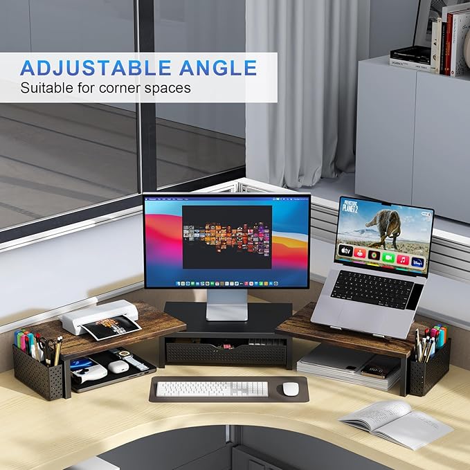 Dual Monitor Stand Riser, Desk Organizer With Drawer and 2 Pen Holders, Wood