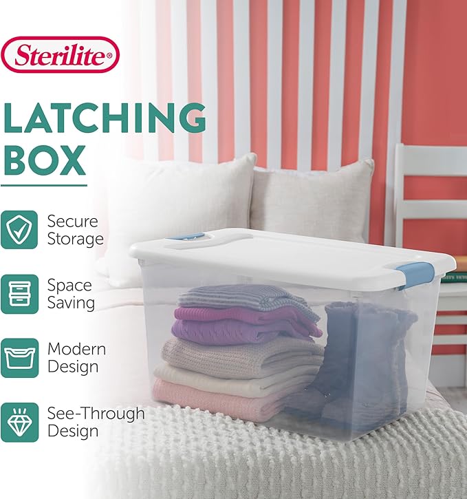 12-Pack Latching Box, Clear Plastic Organizer Bins with White Lids, 64 Quart