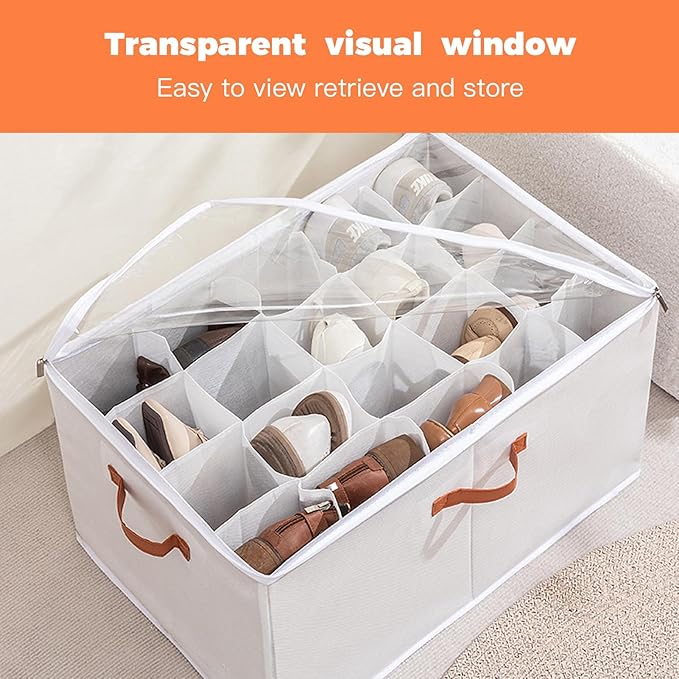 2 Pack Shoe Organizer for Closet - Under Bed Storage with Adjustable Dividers and Clear Cover, Stackable Shoe Rack Fit 16 to 32 Pairs for Dorm Room Essentials (Grey, 16 Grids)