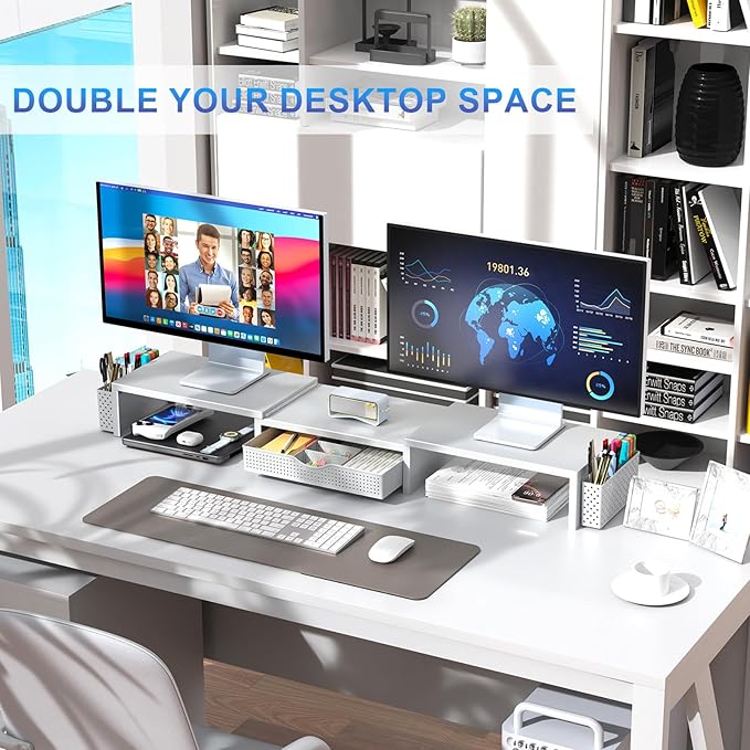 Dual Monitor Stand Riser, Desk Organizer With Drawer and 2 Pen Holders, White