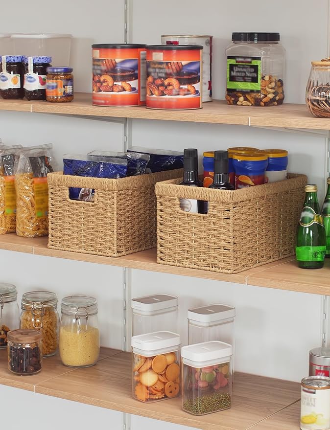 StorageWorks Round Paper Rope Storage Baskets, Rectangular Wicker Baskets with Built-in Handles, Medium, 13 ¼ x 8 ½ x 7 ¼ inches, 2-Pack