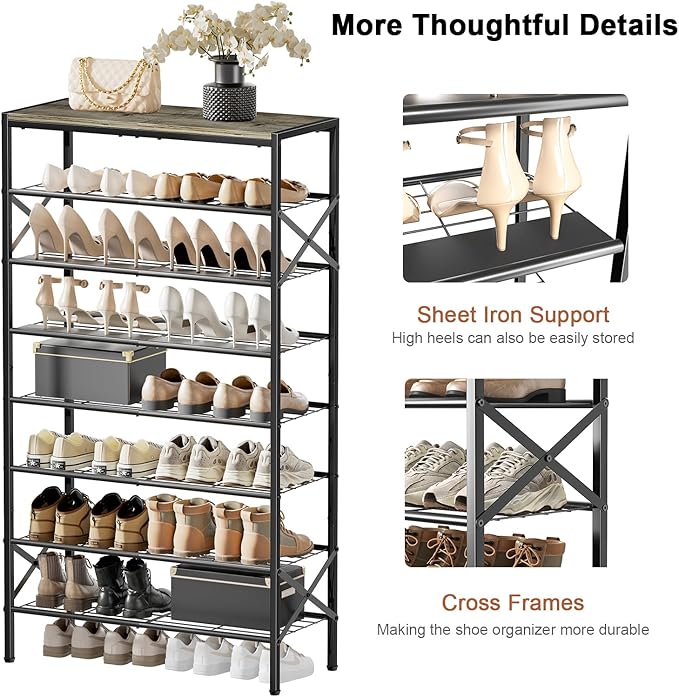 8-Tier Tall Shoe Rack Organizer Shoe Storage for Entryway 24-32 Pairs Metal Shoe Rack for Closet Heavy-Duty Shoe Rack with Wooden Top Shelf for Garage Gray