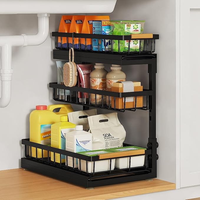 Under Sink Organizer and Storage for Bathroom and Kitchen - 1 Pack 3 Tier Under Cabinet Pull Out Shelf Organizers - Slide Out Drawer Organization for Home Cabinets Shelves and Drawers