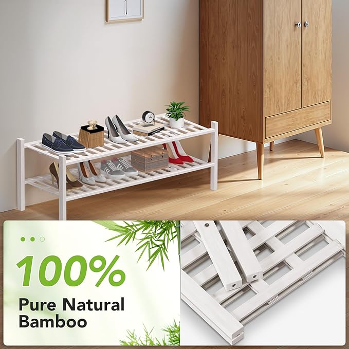 Haddockway Long 2 Tier Bamboo Shoe Rack Storage Organizer, Multifunctional Free Standing Stackable Shoe Shelf with Grid Panel for Closet,Hallway,Entryway,Small Space 34.2"x11"x13"