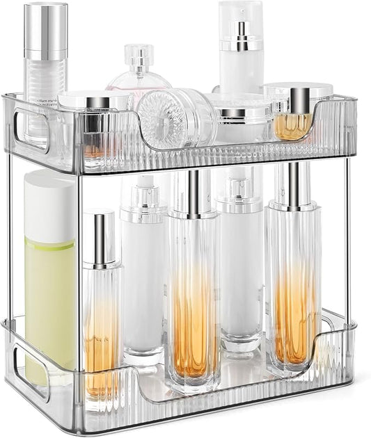 2-Tier Bathroom Counter Organizer Countertop Storage, Dresser Organizer Vanity Tray for Makeup, Perfume Organizer Cosmetics Skincare Shelf - Grey