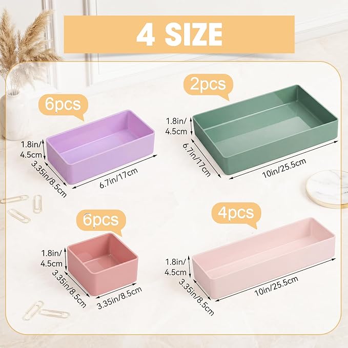 Teenyyou 18 Pcs Drawer Organizer Stackable 4 Size Makeup Drawer Organizer Trays Acrylic Bathroom Vanity Storage Bins for Cosmetic, Jewelries, Office Supply, Kitchen Utensils(Multicolor,Glossy)