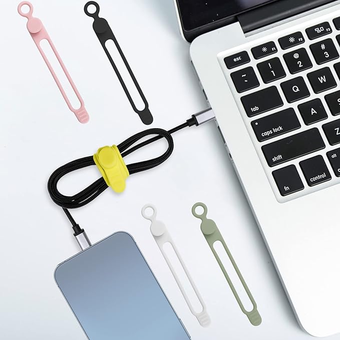 Silicone Cable Ties Cord Organizer for Bundling Earphone, Phone Charger, Computer Cords, Reusable Wire Organizer Cable Management in Home,Office,Kitchen,School (5 Colors x10Pcs)