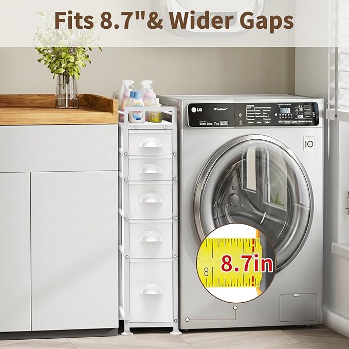 5 Drawer Narrow Slim Cabinet Skinny Storage Tower Chest, White