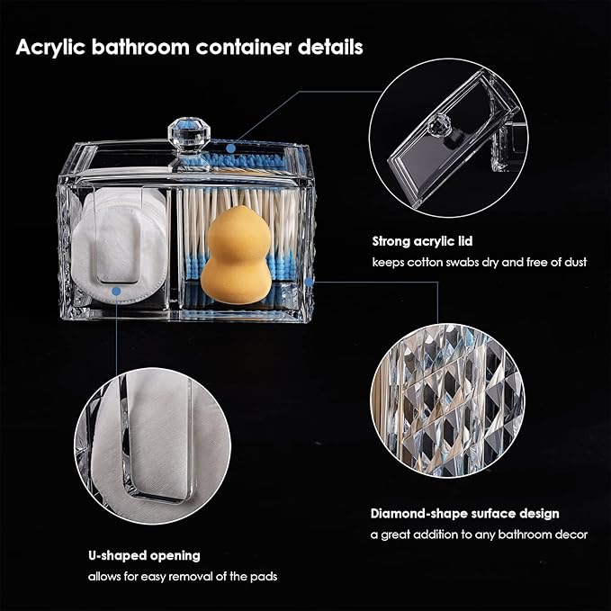 Cotton Swab Holder - Compact Bathroom Canister with Lid and 3 Compartments for Organizing Cotton Ball, Swab, Pad - Acrylic Bathroom Storage Jar Compatible with Q Tips