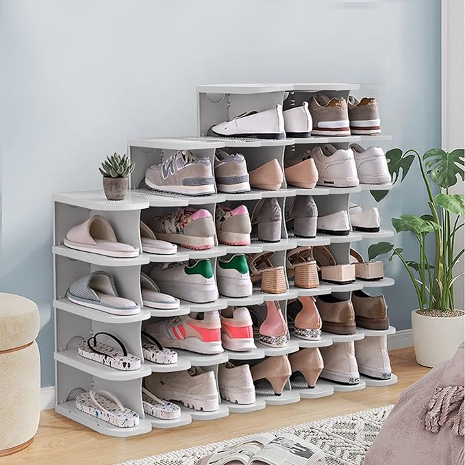 6-Tier Thickening Cubby Shoe Rack, Free Combination Shoe Organizer for Closet, Free Standing Shoe Tower, Stackable Space-Saving Adjustable Shoe Storage Shelf, Grey