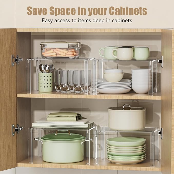 YUNEASELF Clear Cabinet Organizer: Acrylic Shelf Riser Set of 4 for Kitchen Pantry Organizers and Storage - Countertop Spice Rack for Cabinet - Stackable Display Shelf Decor for Gift