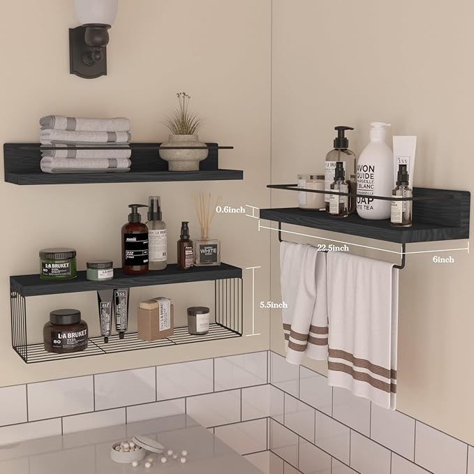 PopiShelves 22.5 inches Bathroom Shelves Over Toilet for Wall, Floating Shelves with Storage Basket Paper Holer for Kitchen Living Room, Bedroom & Classroom, Set of 3 (Black)