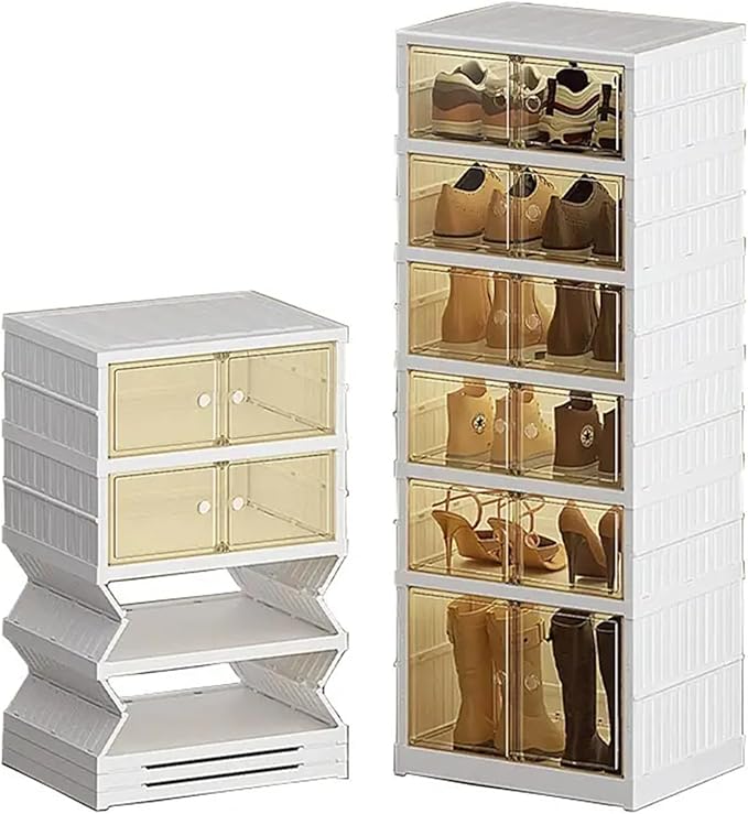 2PCS 6 Tier Easy Assembly Collapsible Shoe Cabinet Foldable Shoe Organizer Stackable Shoe Storage Box with Clear Door for Front Door Entrance