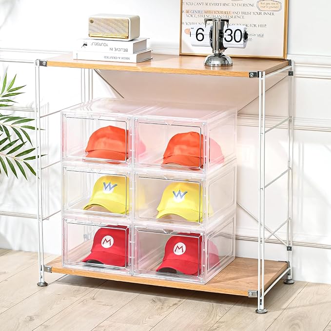 4 Pack Clear Hat Storage Box, Stackable with Magnetic Door, Holds 8 Hats Each
