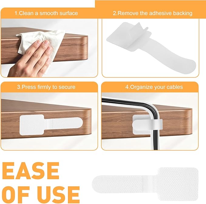 100pcs Hook and Loop Cable Straps,Under Desk Cable Management,Adjustable Cord Organizer for Desk Home Office Organization (White)