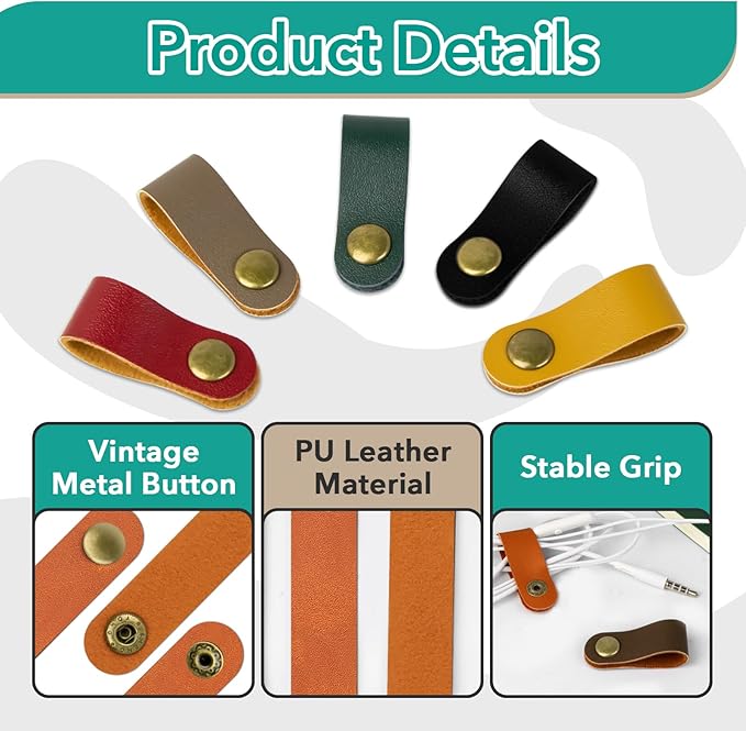 20 Pcs Leather Cord Organizer - Brown Leather Cord Ties for Charging Cords, Reusable Charging Cable Organizers