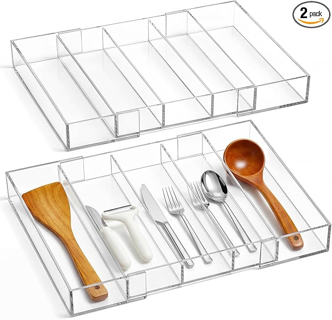 Teenyyou 2 Packs Expandable Kitchen Drawer Organizer Clear Acrylic Utensil Organizer Adjustable Acrylic Silverware Storage for Drawers Silverware Flatware Knives (12 x 16 Inches,3-5 Compartments)