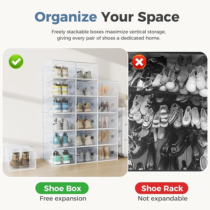 OLIXIS XX-Large Shoe Storage Boxes, 12-Pack Stackable Clear Shoe Organizers with Lids, Sneaker Display and Storage Containers for Closet, Under Bed, Entryway, White