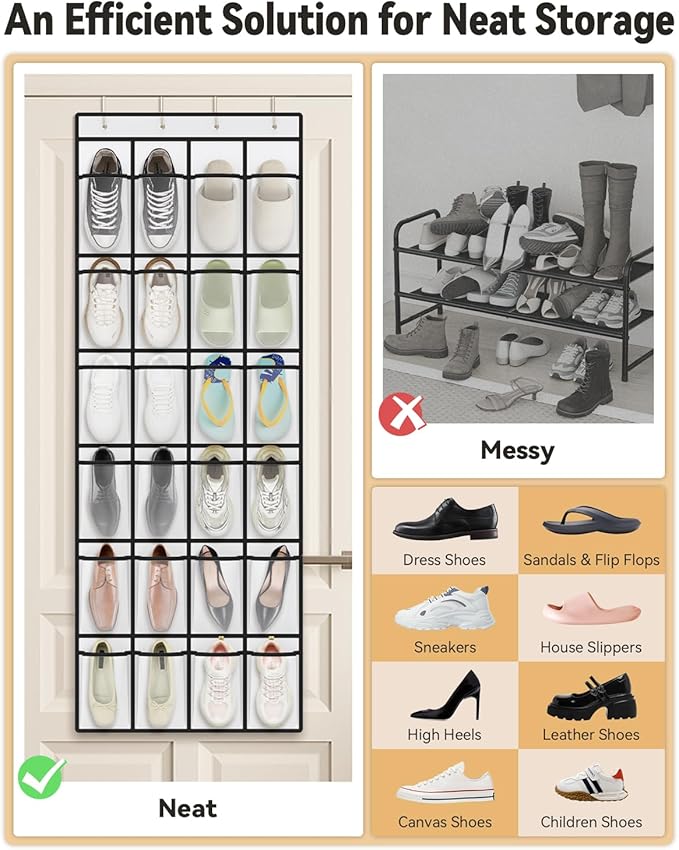 dodowin Over the Door Shoe Organizers, 2 Pack, Each with 24 Deep Mesh Pockets & 4 Metal Hooks, Over The Door Shoe Rack Space Saving Hanging Storage Holder for Closets, Shoes & Accessories, White