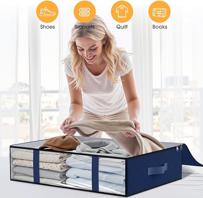 StorageRight Under Bed Storage Bags 4 Pack, 40L Large Clothes & Comforter Storage Containers with Clear Window, Breathable Fabric Organizer for Blankets, Bedding, Seasonal Clothing, Blue