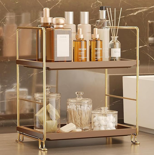 2-Tier Bathroom Countertop Organizer, Gold & Brown