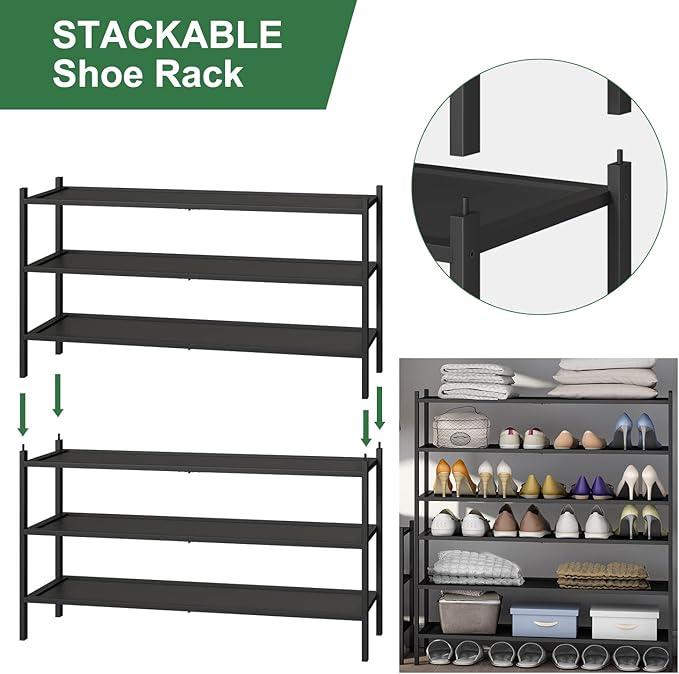 kiplant Black Long Shoe Rack, 3-Tier Bamboo Wood Shoe Rack for Entryway, Stackable | Foldable | Natural, Shoe Organizer for Hallway Closet, Free Standing Shoe Racks for Indoor Outdoor