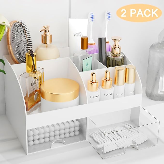 Makeup Organizer with Drawers, White-2P