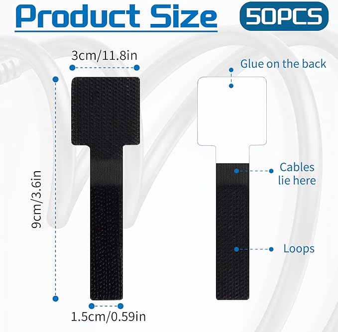 Cable Management - 50pcs Self Reusable Cable Straps Adhesive Cord Organizer Strips,Under Desk Wire Ties for TV Computer Ethernet Cords Electronics