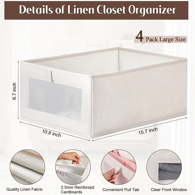 VZZNN 4 Pack Linen Organizers and Storage, Closet Storage Bins Linen Closet Baskets for Organization Foldable Organizer Bins with Clear Window for Organizing Clothing, Beige