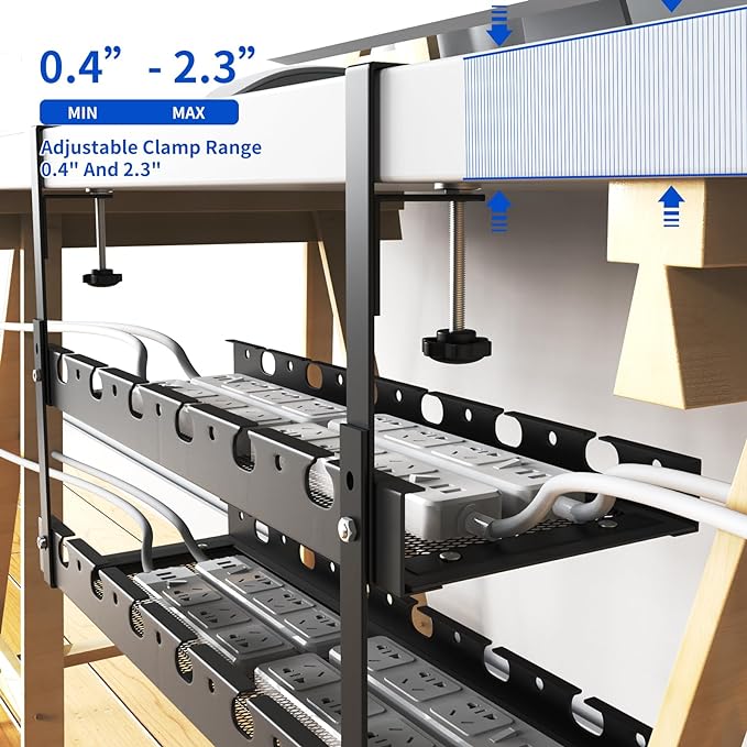 Under Desk Cable Management Raceway Clamp 2 Hole 31 Inch No Drill Cord Organizer for Standing Desk Sturdy Metal Office Desk Wire Management - No Damage to Table