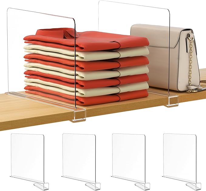 HBlife 12 Inches Tall [Extra Tall Version] Clear Shelf Dividers, 4 Pack Purse Organizer for Closet Perfect for Sweater, Shirts, Handbags in Bedroom and Kitchen, Acrylic Bookshelf for Organization