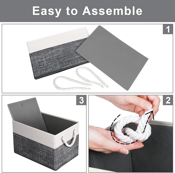 Fab totes Storage Bins 3-Pack, Foldable Storage Baskets for Organizing Toys, Books, Shelves, Closet, Large Storage Box with Rope Handles, Sturdy Organizer Bins, White & Black