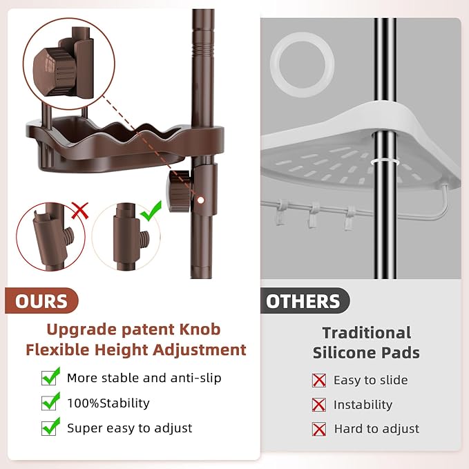 XLHOMO 32-122inch Corner Shower Caddy Tension Pole Brown, Rustproof Drill-Free Shower Shelves for Bathroom Bathtub Washbasin, Adjustable Shower Organizer with 4 Tier Patent Stable Shelves & Towel Bars