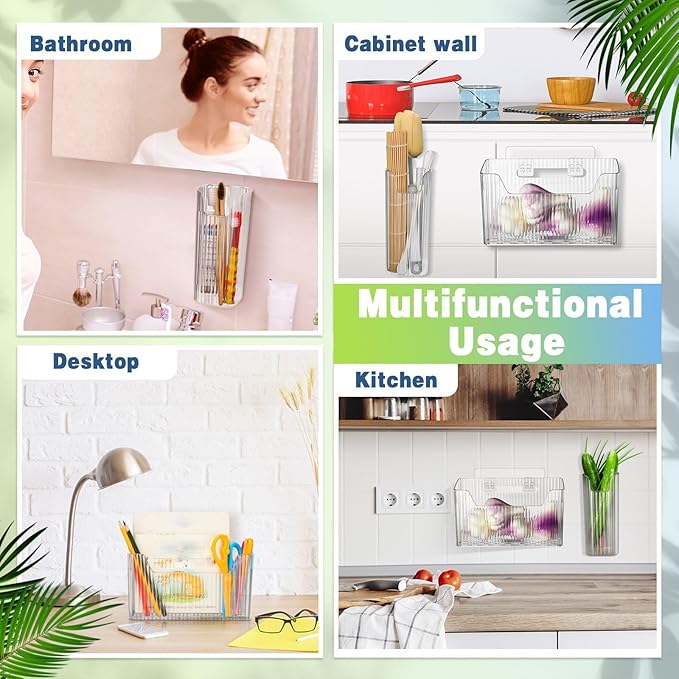 SiliFine 8 Pcs Storage Organizer Bins Wall Mounted Organizer Basket Plastic Cabinet Door Bins Stackable Hanging Baskets for Organizing for Wall Refrigerator Kitchen Bathroom Pantry(3.35'',White)