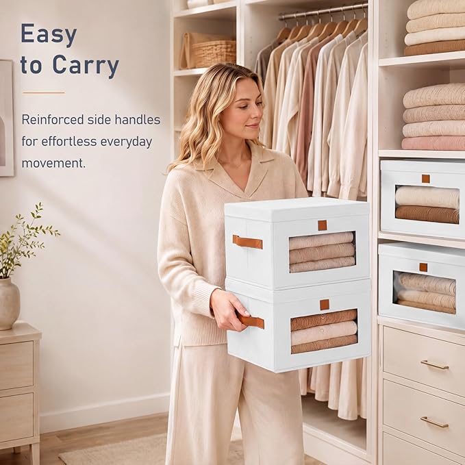 DIMJ Storage Bins with Lids - 5 Pack Front Opening Stackable Fabric Storage Boxes with Clear Window & Handles, Collapsible Closet Organizers for Clothes, Sweaters, Shelf Storage, Bedroom, White