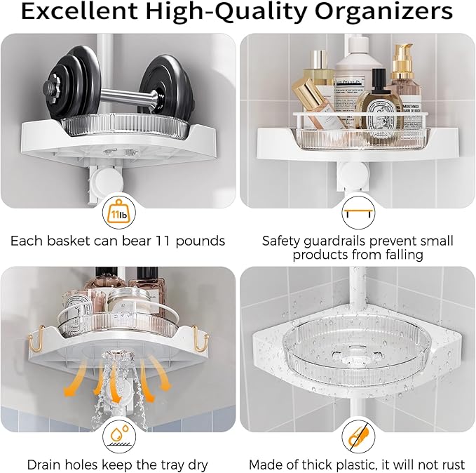 Shuang qing 360° Rotating Corner Shower Caddy Tension Pole Organizer, White