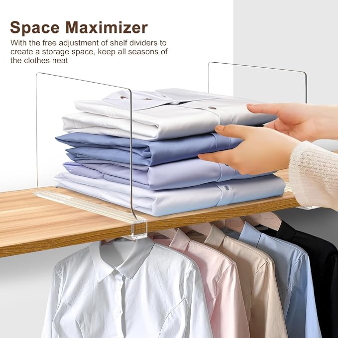 6 Pack Shelf Dividers, Adjustable Shelf Dividers for Closet Organization with Non-Slip Design, Clear Acrylic Shelf Dividers for Clothes, Handbags, Purses, Towels, Bookshelf in Home Organization