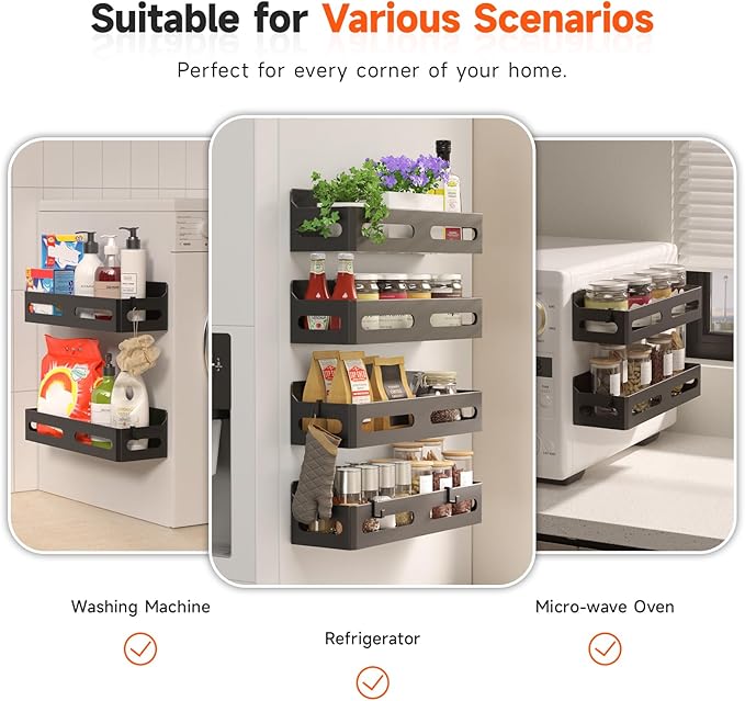 Sevenblue 6 Pack Strong Magnetic Spice Rack for Refrigerator, Multipurpose Magnetic Shelf for Fridge with 4 Hooks for kitchen and Bathroom Organization, Black