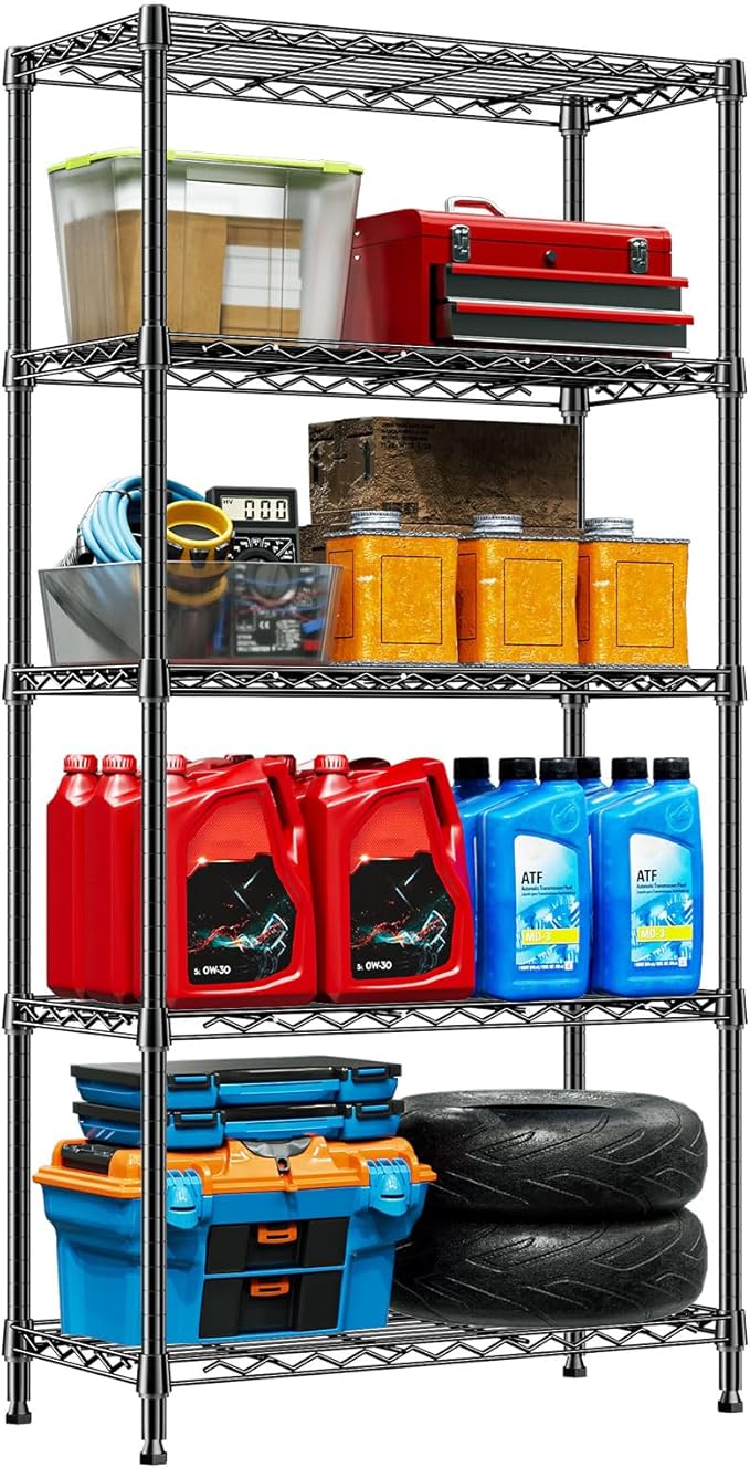 IZEUK 5-Tier Metal Storage Shelving Unit, 1250 lbs, Black,13.8" D x 29.5" W x 59.5" H, Wire Shelf for Home, Kitchen, Office and Garage Organization