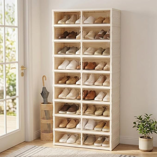 Foldable Shoe Rack with Doors, Stackable Plastic Shoe Organizer, Large Clear Shoe Storage Boxes for Closet and Entryway, Portable Collapsible Shoe Cabinet 9 Tiers, 27Pairs