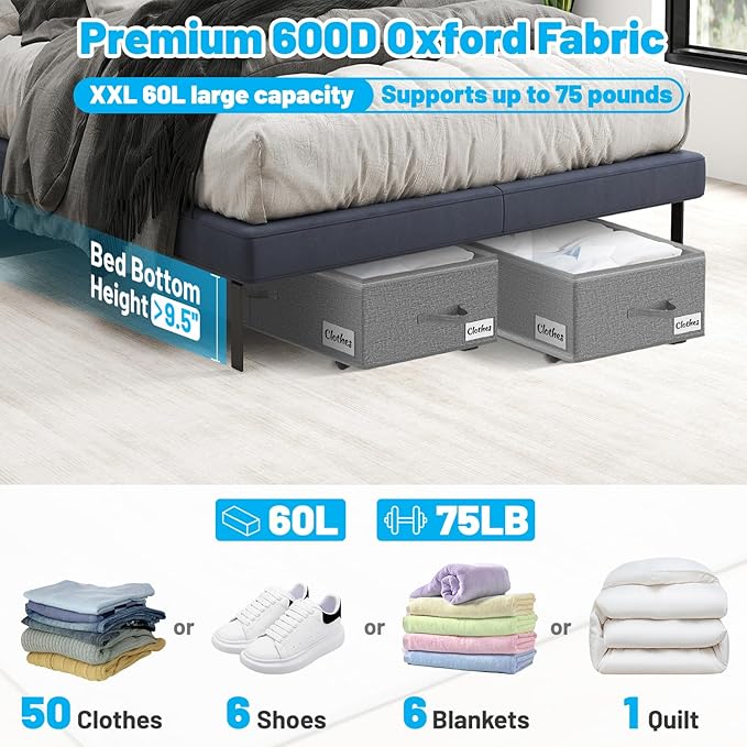 Under Bed Storage with Wheels, 2-Pack 10" Height XXL 75L Rolling Storage Bins, Quick Assembly Underbed Shoe Storage Containers with Clear Lid & Label, Dorm Under Bed Drawers for Clothes, Shoes, Black