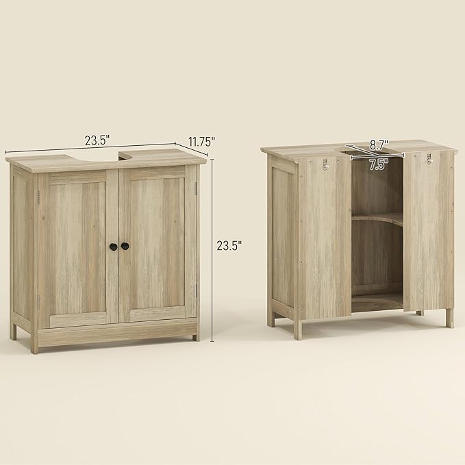 HOMCOM Under Sink Bathroom Cabinet, Pedestal Sink Storage Cabinet with 2 Doors, Shelf and U-Shape, Weathered Gray Oak