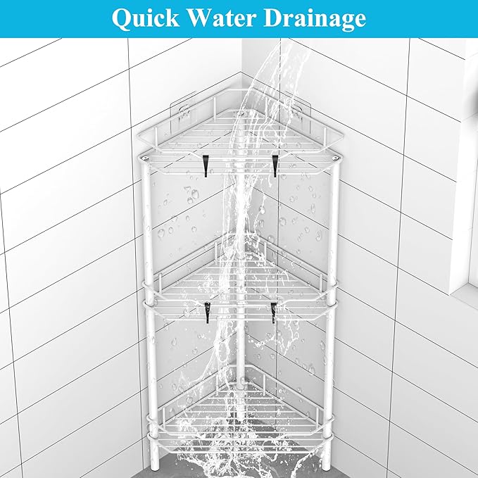 3 Tier Floor Standing Corner Shower Caddy Organizer Shelf with Hooks, White