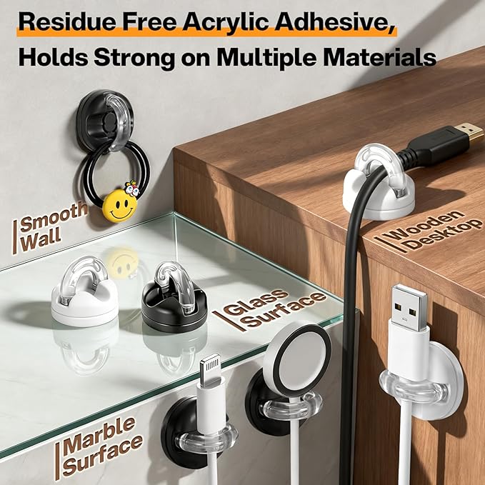 Magnetic Cable Clips, 8 Pack 360° Rotatable Cord Organizer, No-Residue Adhesive Wire Holder for Under Desk, Nightstand, Wall, Car Charger Phone Cord Management for Office Home Cute Desk Accessories