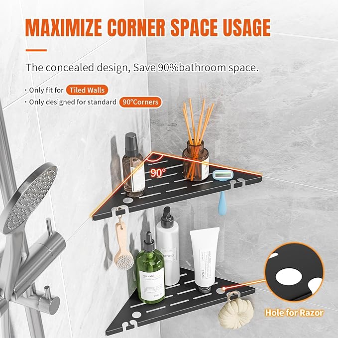 Permanent Grout-in Corner Shower Shelves with Hooks