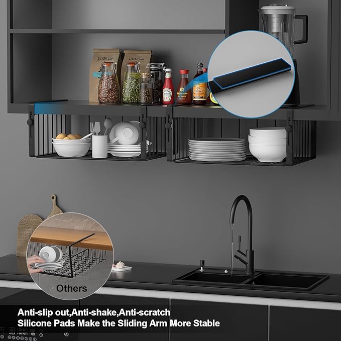 AmonHouseware 2Pack Under Shelf Basket Organizer,Adjustable Hanging Holder Storage for Cabinet Pantry Kitchen Cupboard Desk Counter Bookshelf Organization Add-on Space Saver Heavy Duty Slide-in,Black