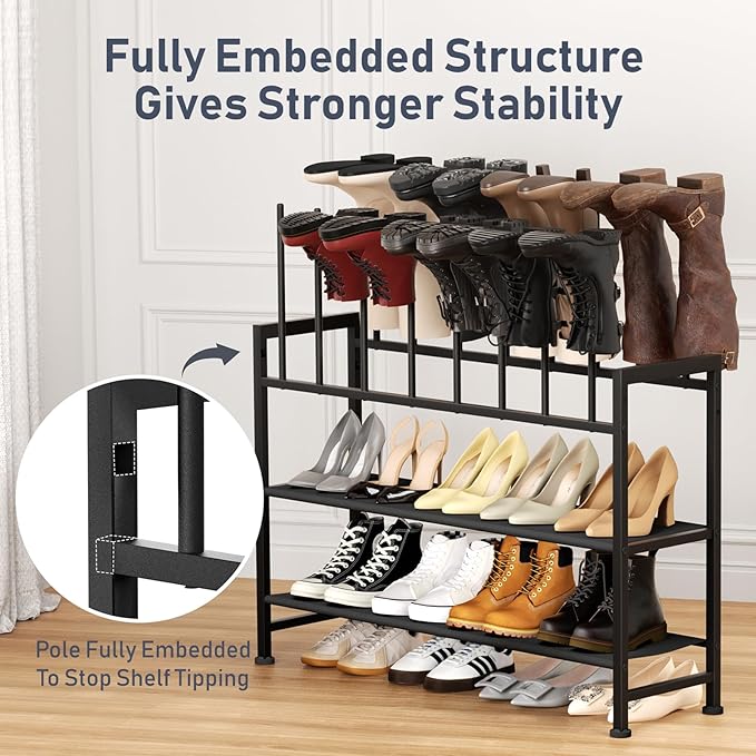 DIMJ Boot Rack 4-Tier - Black Metal Boot Storage Rack for Tall Boots Organizer Tall Boots, Multiuse Shoe Rack for Boots, Sneakers, High-Heel, Entryway, Fits 8 Pairs