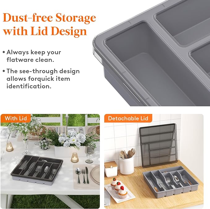 Lifewit Silverware Organizer with Lid, Covered Utensil Tray for Kitchen Drawer and Countertop, Plastic Cutlery and Flatware Storage Box for Spoons Forks Knives Holder Case, 12.6x11.8", Gray